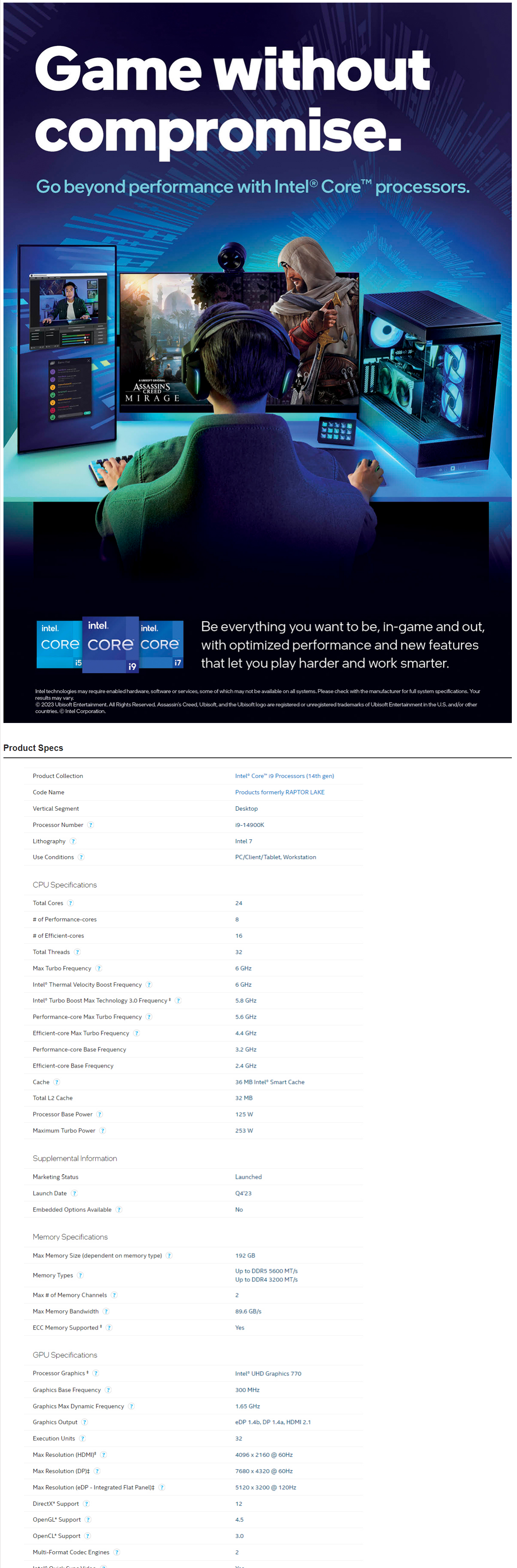 A large marketing image providing additional information about the product Intel Core i9 14900K Raptor Lake 24 Core 32 Thread Up To 6.0GHz - No HSF Retail Box - Additional alt info not provided